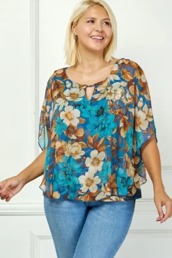 Poncho Tank Cutout Trim Mix Media Blouse in Turquoise - Plus