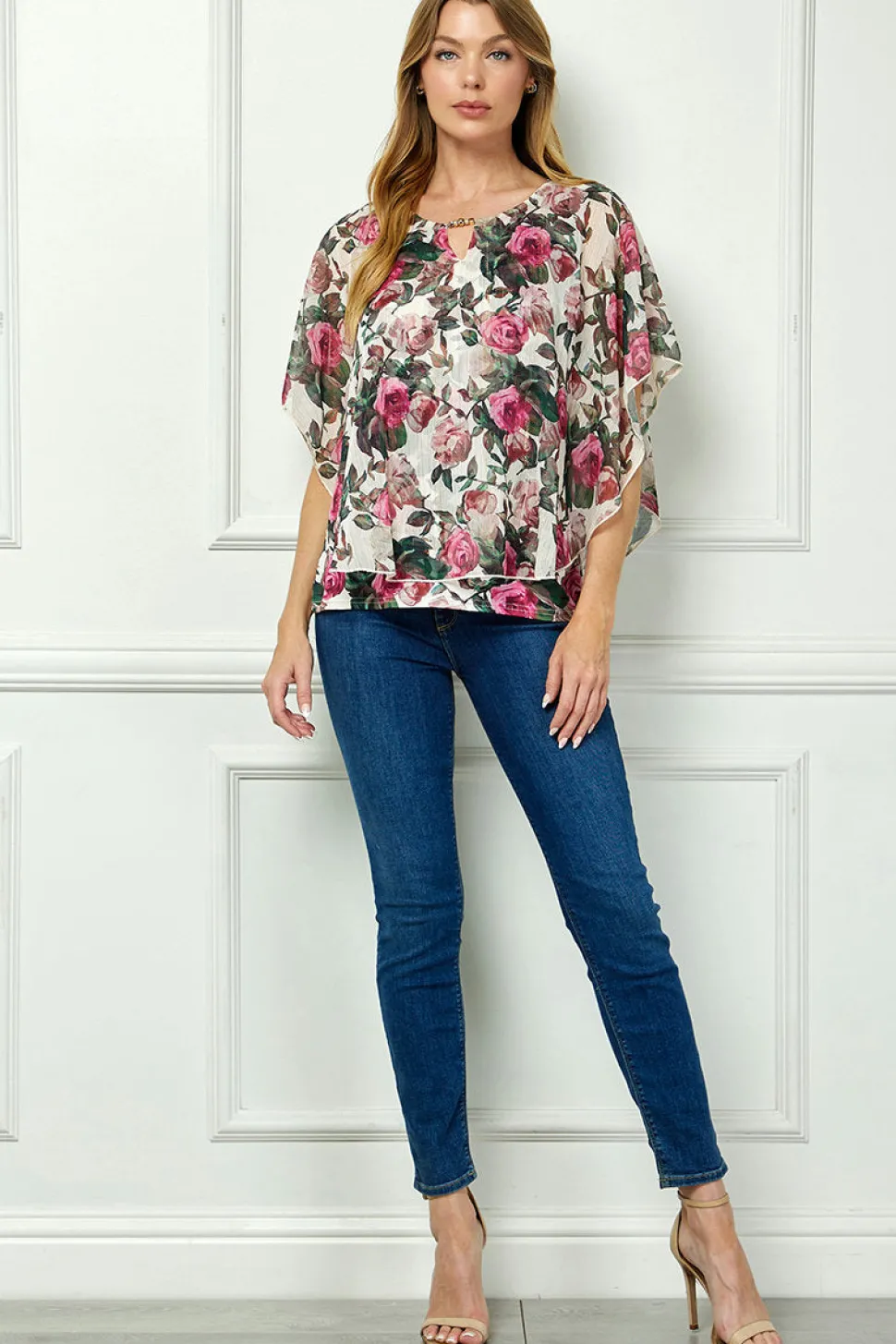 Poncho Tank Cutout Trim Mix Media Blouse in Cream