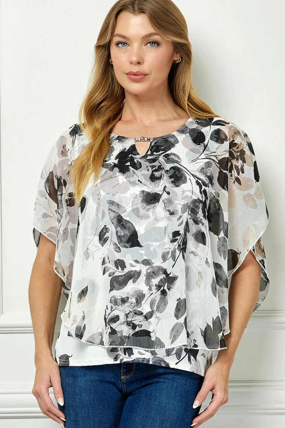 Poncho Tank Cutout Trim Mix Media Blouse in Cream