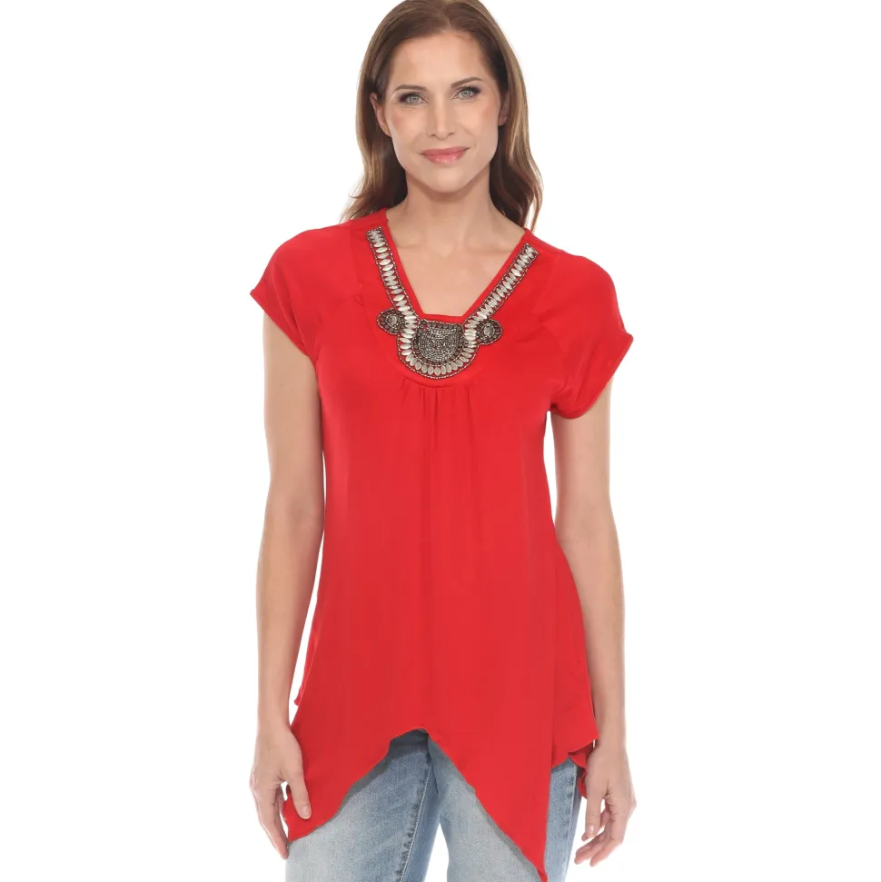 Red Beaded Angled Hem Knit Top
