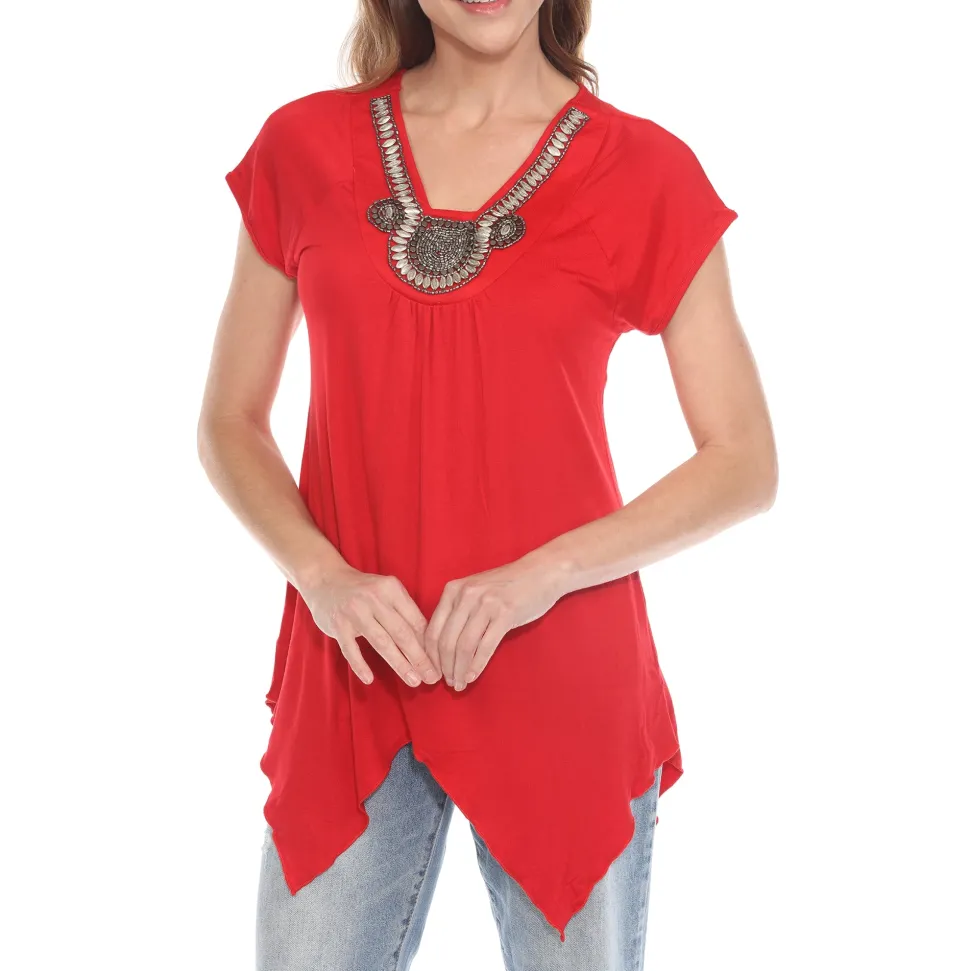 Red Beaded Angled Hem Knit Top