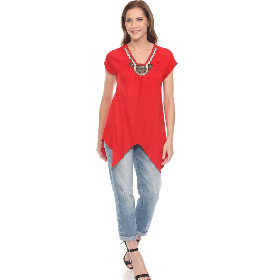 Red Beaded Angled Hem Knit Top