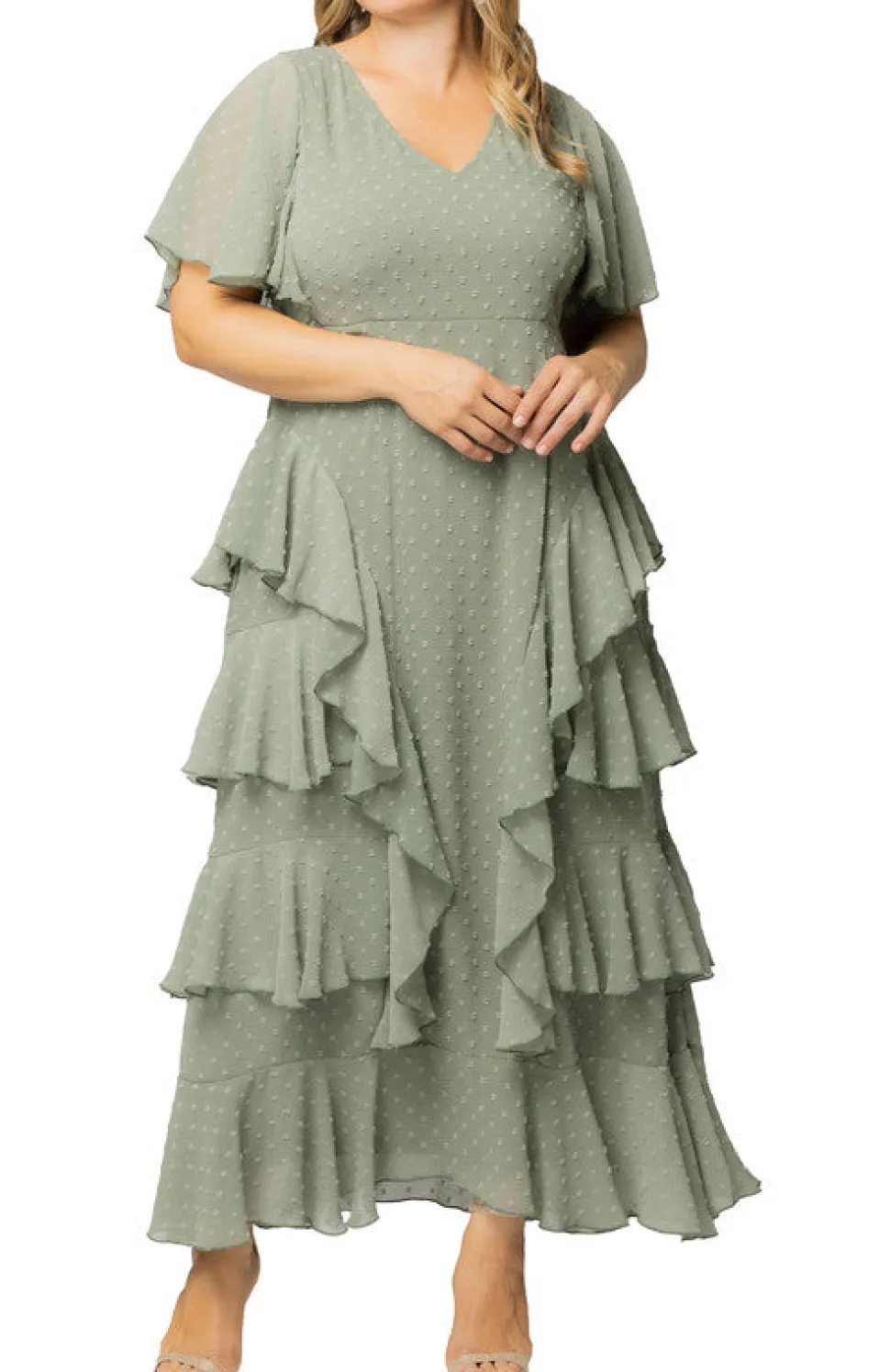 Sage Dot Tour de Flounce Chiffon Gown - Plus