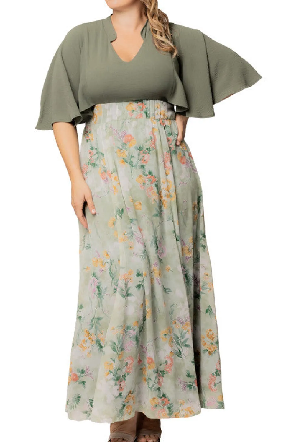 Sage Floral Print Avisa A-Line Evening Gown - Plus