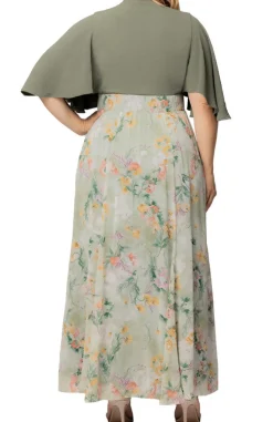 Sage Floral Print Avisa A-Line Evening Gown - Plus