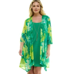 Sara Michelle Green Floral 3/4 2Fer Tank Dress W/ Necklace - Plus