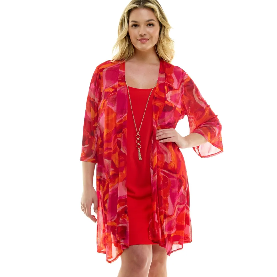 Sara Michelle Magenta Floral 3/4 2Fer Tank Dress W/ Necklace - Plus