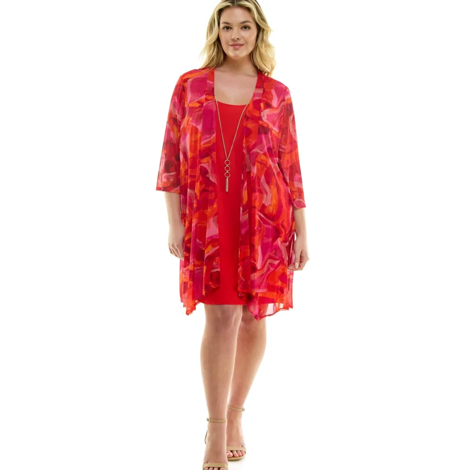 Sara Michelle Magenta Floral 3/4 2Fer Tank Dress W/ Necklace - Plus