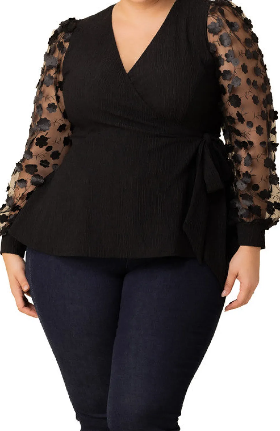 Scattered Petals Long Sleeve Wrap Top, Black - Plus
