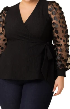 Scattered Petals Long Sleeve Wrap Top, Black - Plus