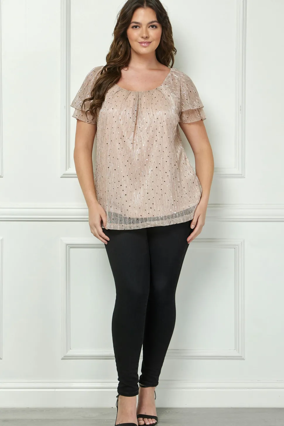 Short Double Flutter Sleeve Pleat Scoop Neck Lined Blouse in Beige - Plus