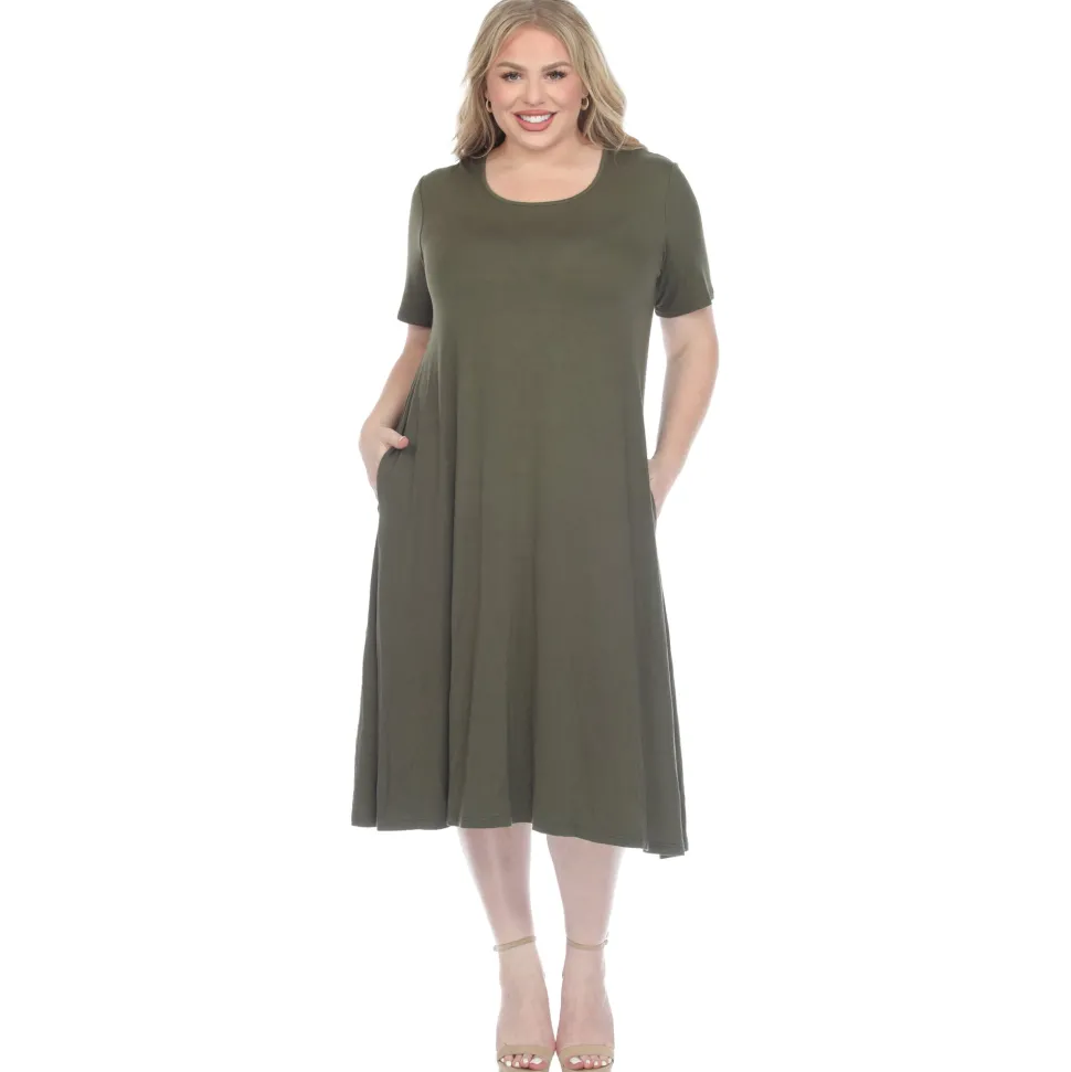 Short Sleeve Pocket Swing Midi Dress - Plus