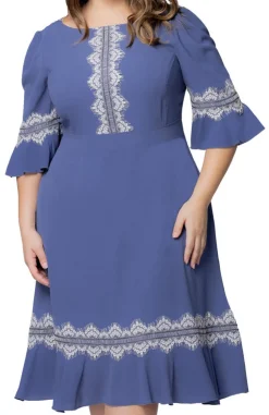 Slate Blue Villa Lace Trim Cocktail Dress - Plus