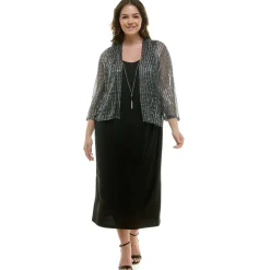 Striped Jacket Tank Dress with Detachable Necklace - Plus