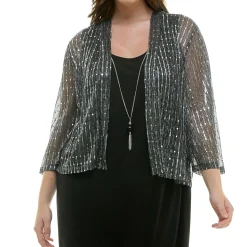 Striped Jacket Tank Dress with Detachable Necklace - Plus
