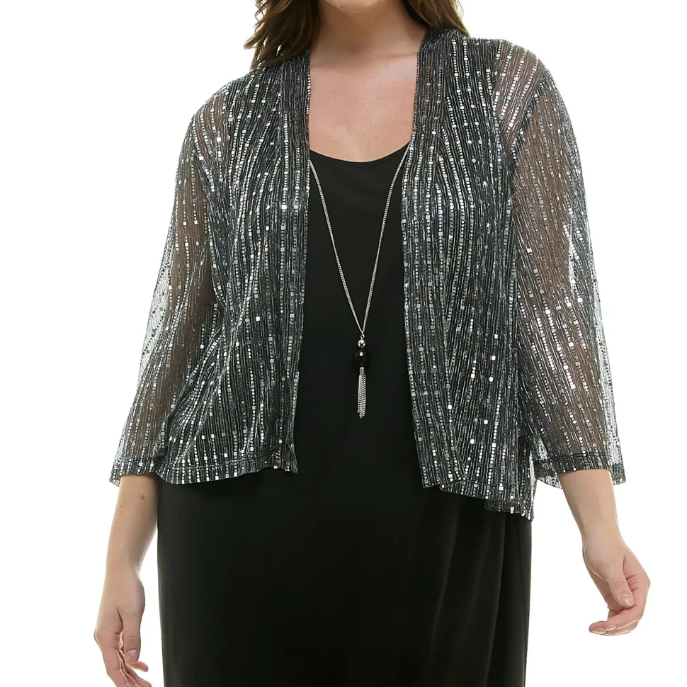 Striped Jacket Tank Dress with Detachable Necklace - Plus