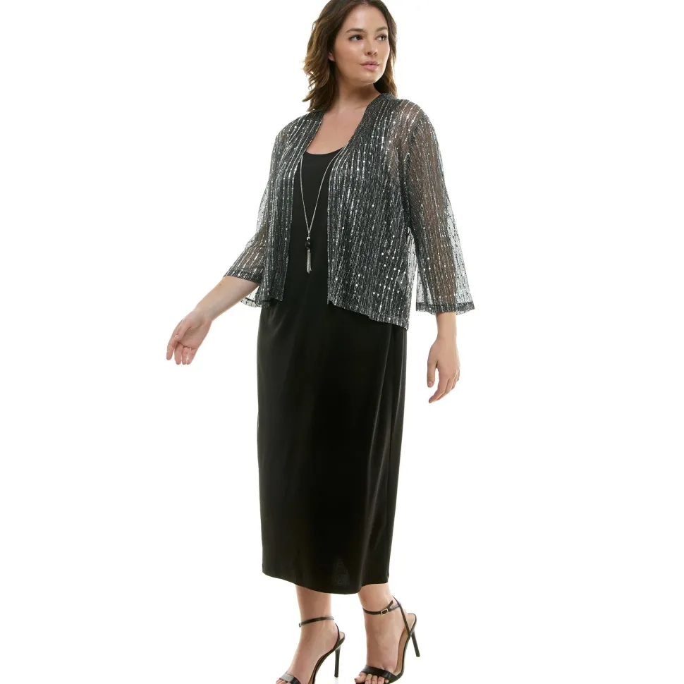 Striped Jacket Tank Dress with Detachable Necklace - Plus