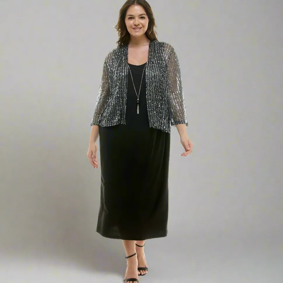 Striped Jacket Tank Dress with Detachable Necklace - Plus