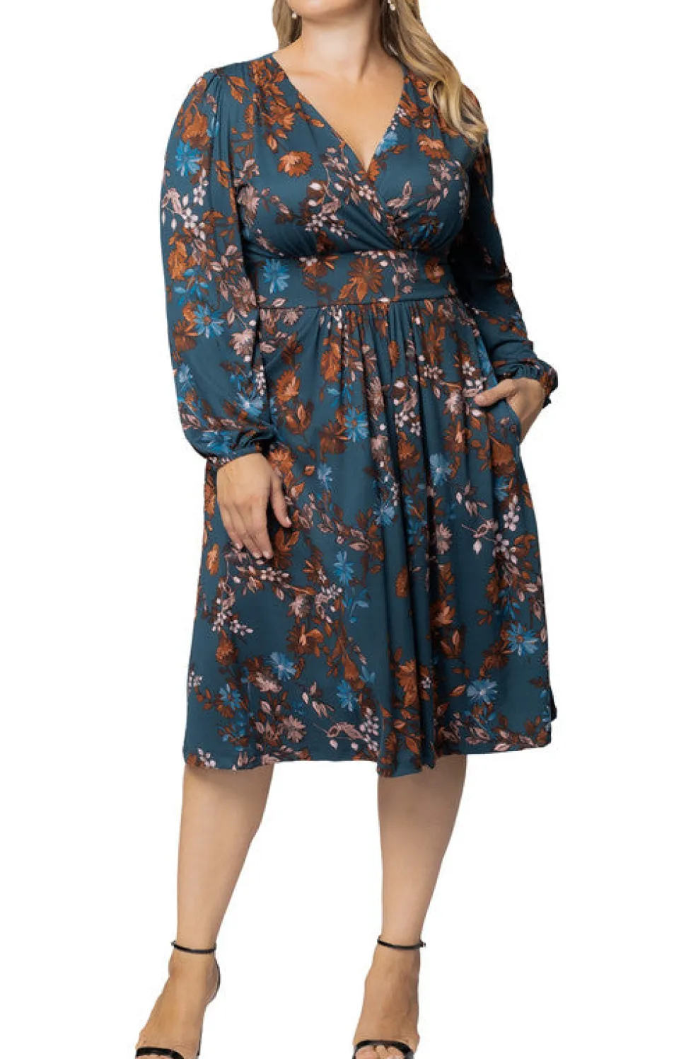 Teal Blue Asters Diana Long Sleeve Midi Dress - Plus