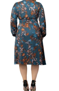 Teal Blue Asters Diana Long Sleeve Midi Dress - Plus