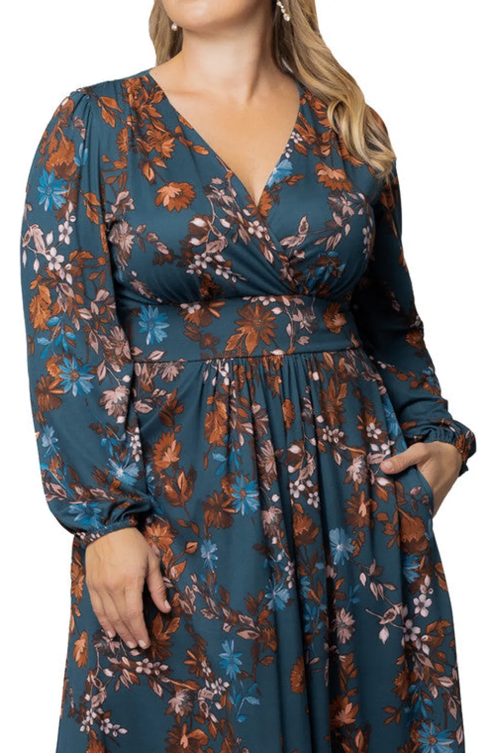 Teal Blue Asters Diana Long Sleeve Midi Dress - Plus