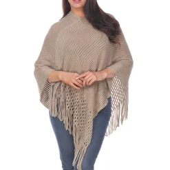 Women's Cable Knit Poncho with Fringe Trim - Brown