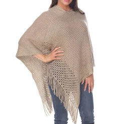 Women's Cable Knit Poncho with Fringe Trim - Brown