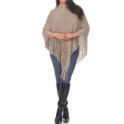Women's Cable Knit Poncho with Fringe Trim - Brown