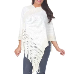 Women's Cable Knit Poncho with Fringe Trim - White