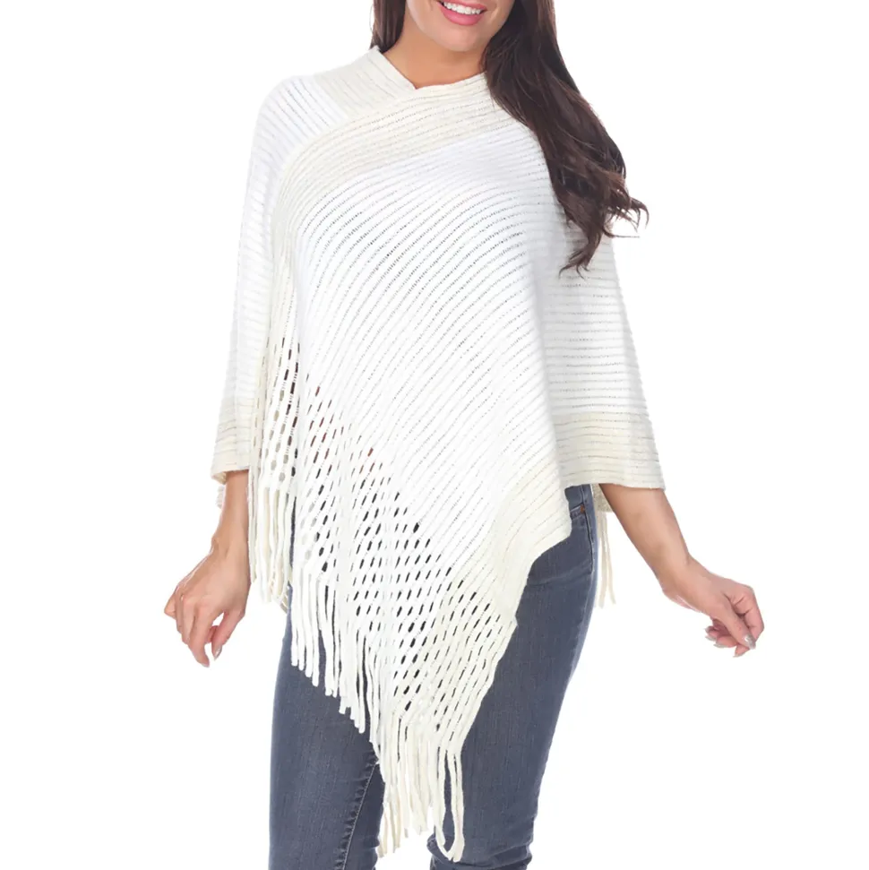 Women's Cable Knit Poncho with Fringe Trim - White