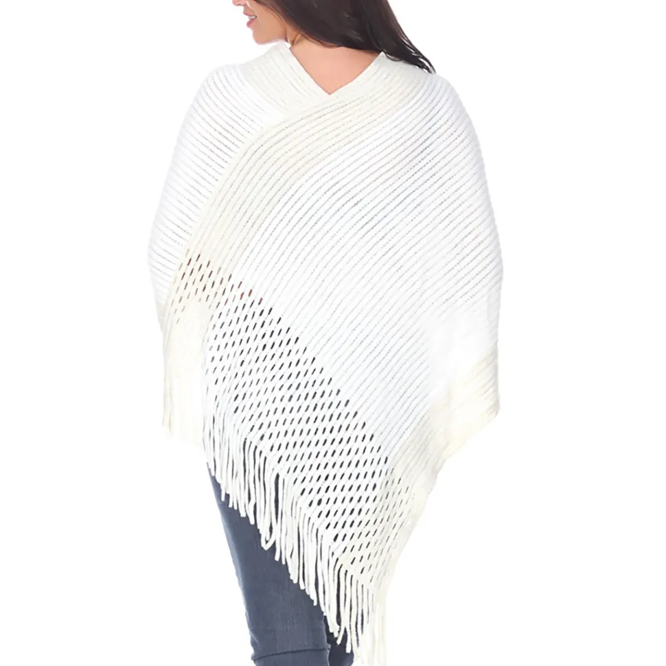 Women's Cable Knit Poncho with Fringe Trim - White