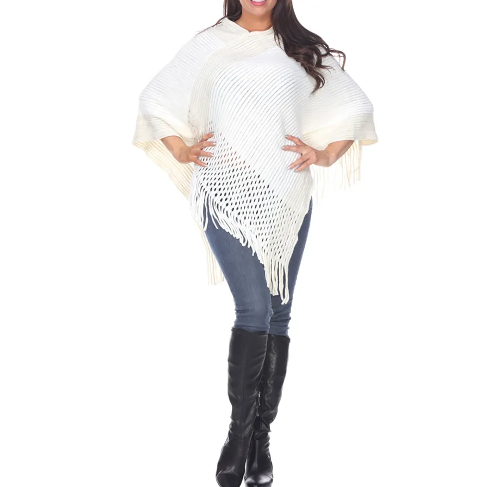 Women's Cable Knit Poncho with Fringe Trim - White