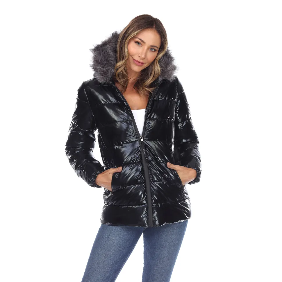 Women's Metallic Puffer Coat with Hoodie