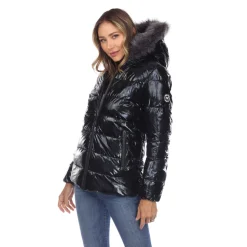 Women's Metallic Puffer Coat with Hoodie