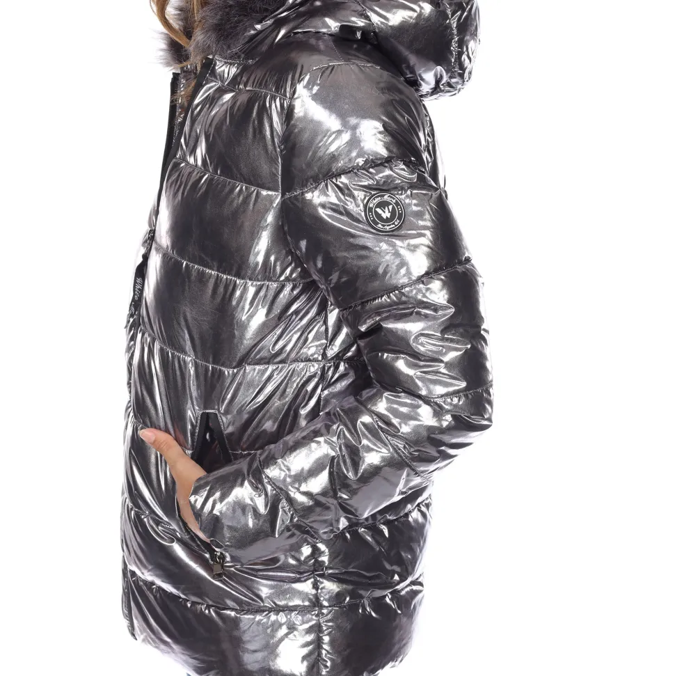 Women's Metallic Puffer Coat with Hoodie