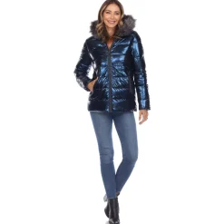 Women's Metallic Puffer Coat with Hoodie
