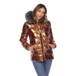 Women's Metallic Puffer Coat with Hoodie