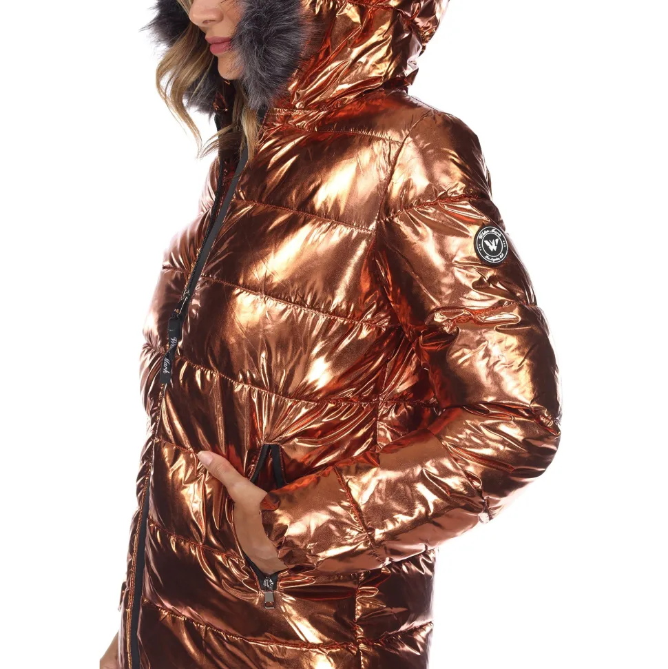 Women's Metallic Puffer Coat with Hoodie