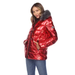 Women's Metallic Puffer Coat with Hoodie