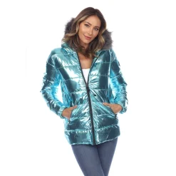 Women's Metallic Puffer Coat with Hoodie
