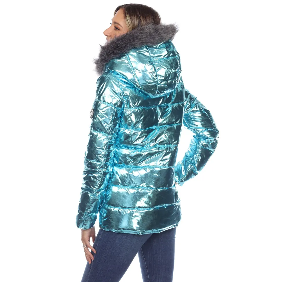 Women's Metallic Puffer Coat with Hoodie