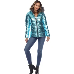 Women's Metallic Puffer Coat with Hoodie