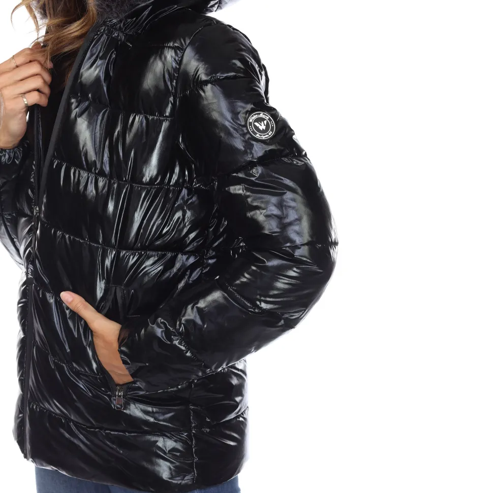 Women's Metallic Puffer Coat with Hoodie