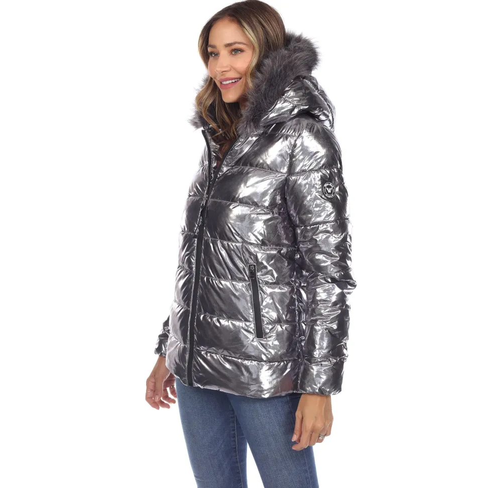 Women's Metallic Puffer Coat with Hoodie