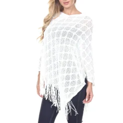 Women's Open Knit Fringe Poncho -White