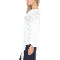 Women's Open Knit Fringe Poncho -White