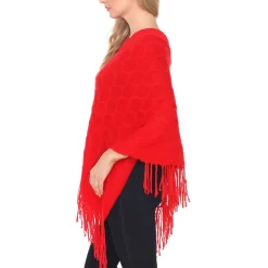 Women's Open Knit Fringe Poncho - Red