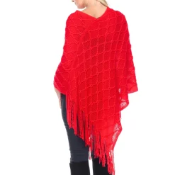 Women's Open Knit Fringe Poncho - Red