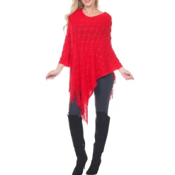Women's Open Knit Fringe Poncho - Red