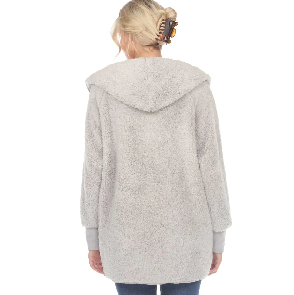 Women's Plush Hooded Cardigan with Pockets